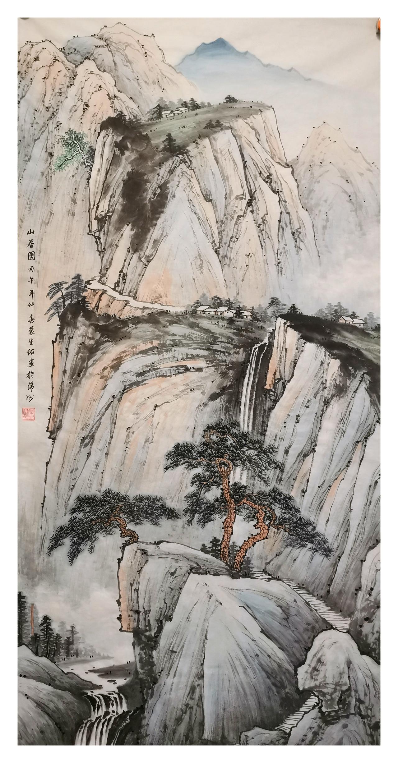 中国山水画原创作品欣赏：山水画作品四尺整纸（138x68）纸本生宣（小写意）