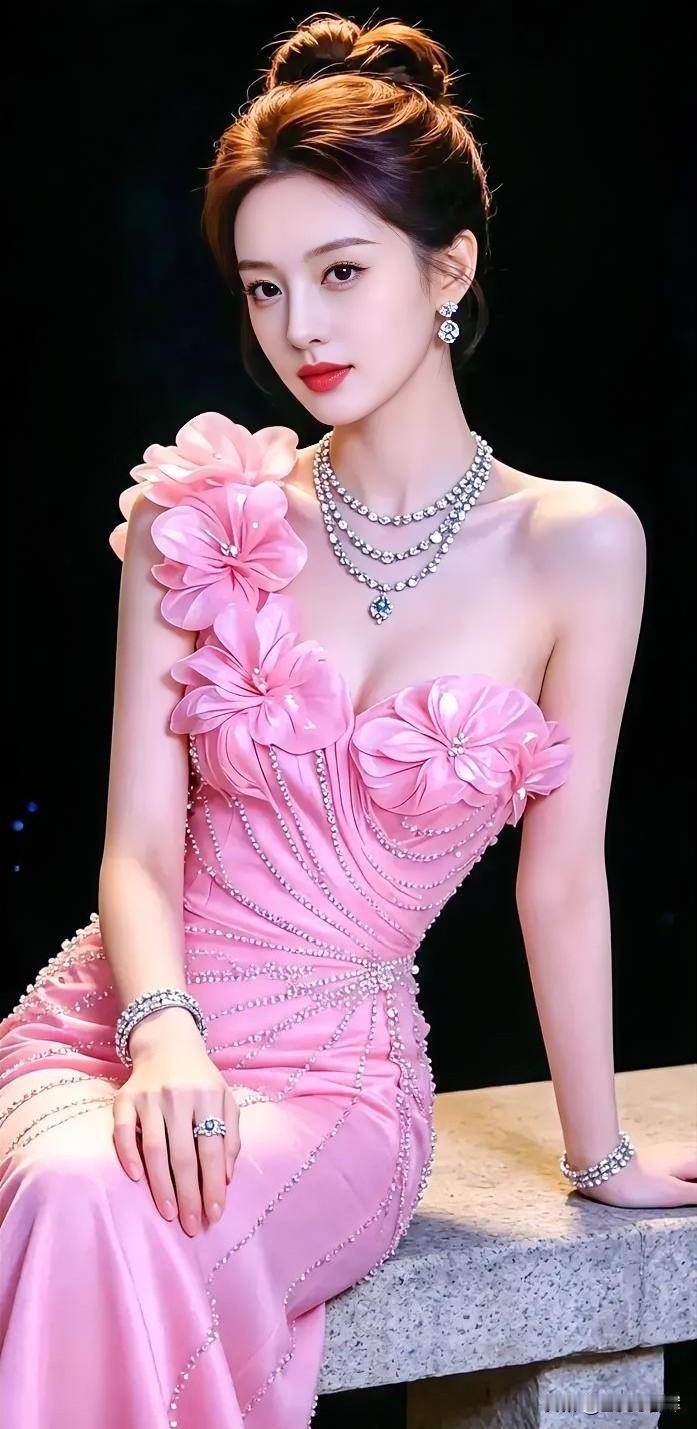粉裙如霞，盛放肩头的花影摇曳。珠链垂落，串起星光与温柔的私语。她坐石上，
