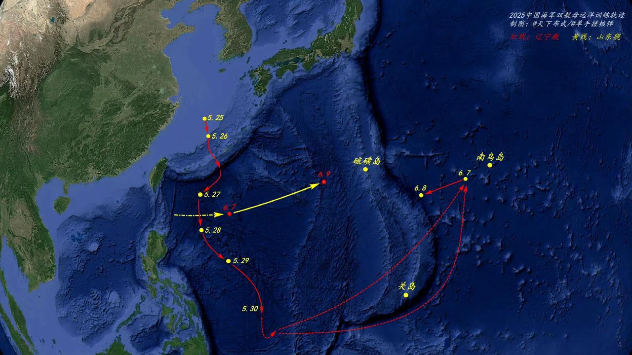 现在太平洋上的形式是，辽宁号航空母舰战斗编队在关岛、硫磺岛以及南鸟岛之间的这片海
