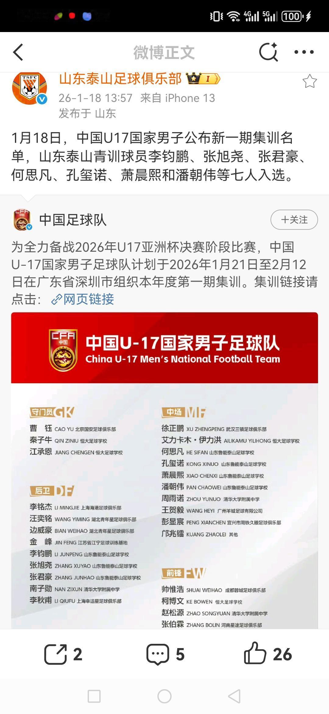 官方公布U17国青队大名单，山东泰山青训7人入选，1月18日，中国U17国家男子