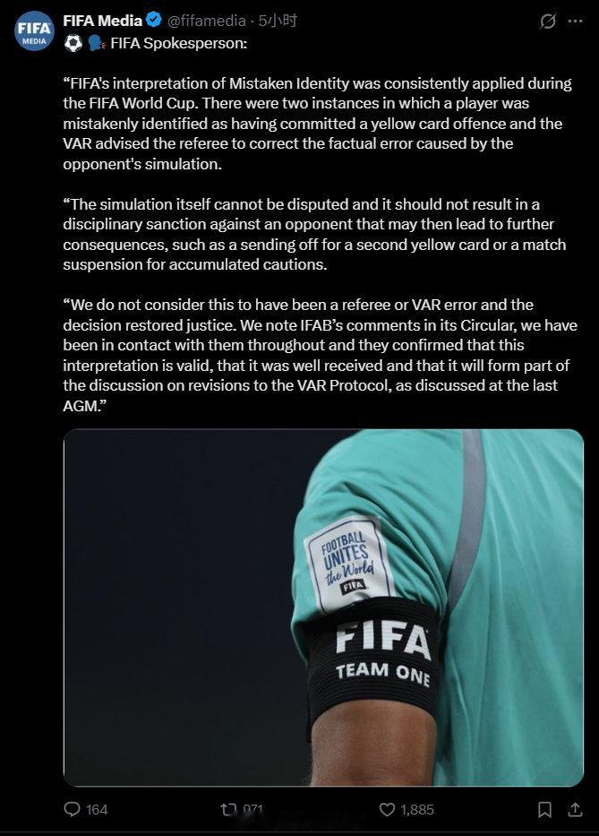 FIFA官方发文表示VAR介入维护了比赛的公平： “在国际足联世界杯期...