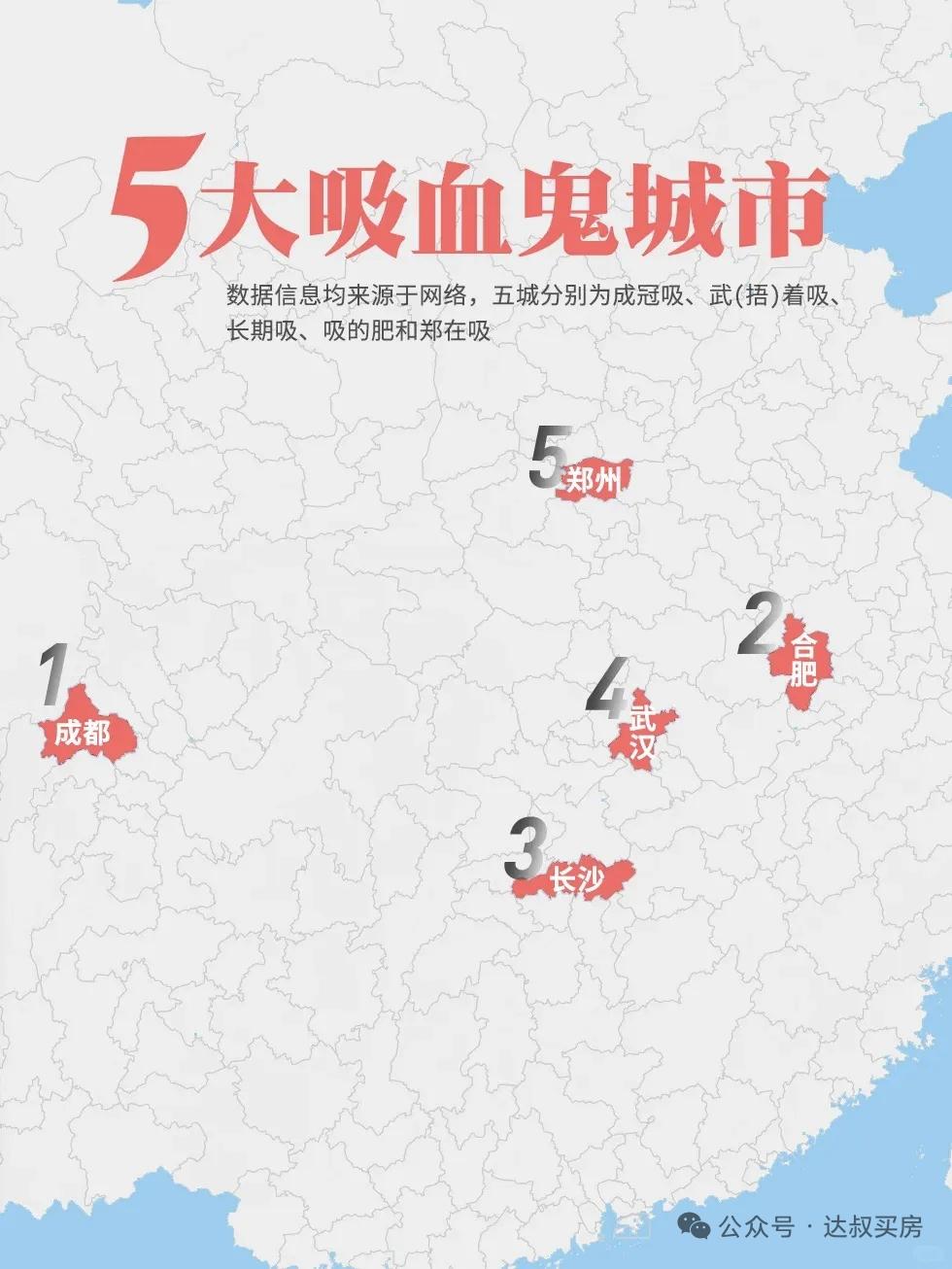 网友总结的五大“吸血”城市:1.成都（成冠吸），2.武汉（捂着吸），3.长