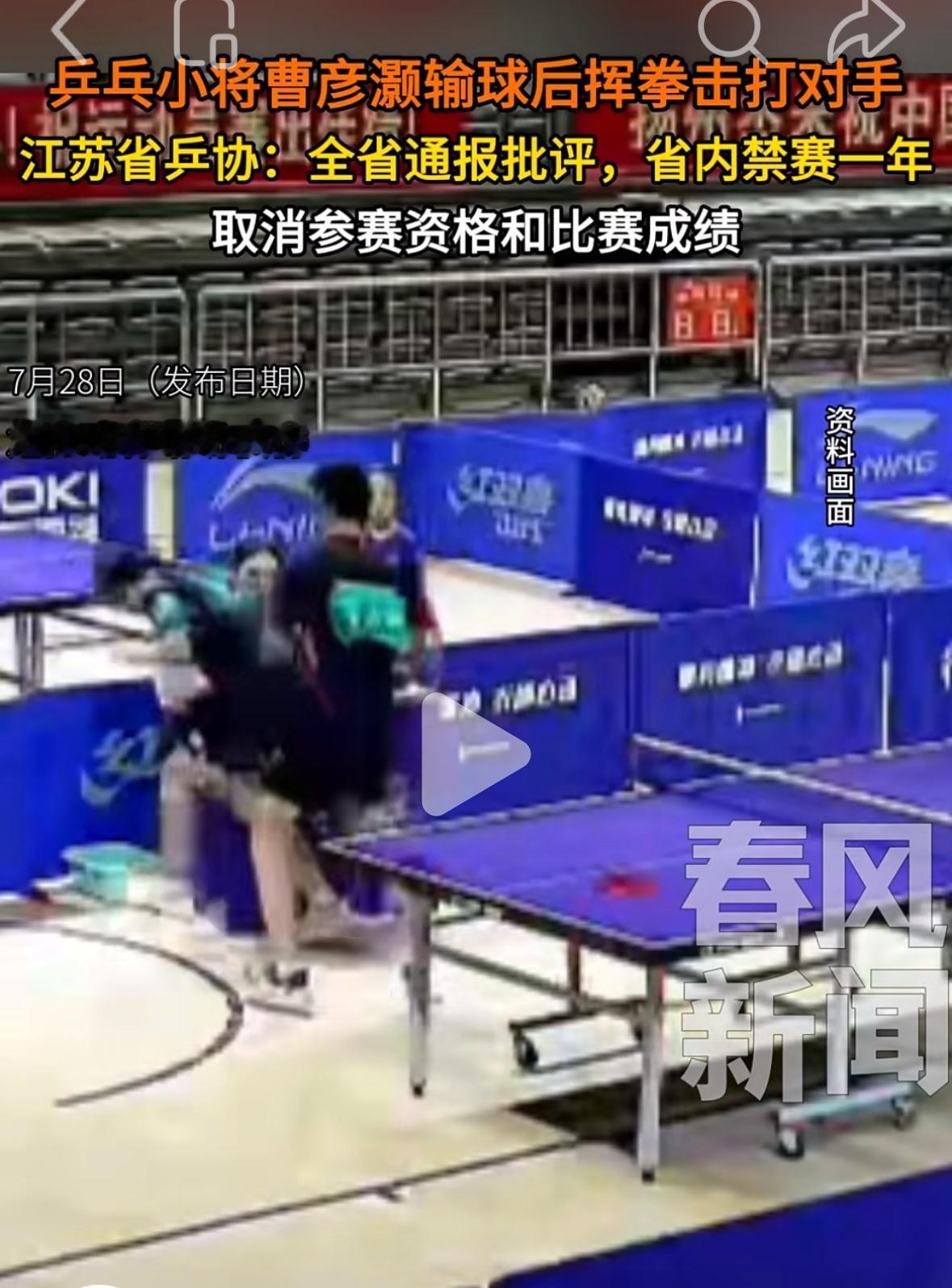 震惊😱小将曹彦灏输球后挥拳击打对手——省内禁赛一年！7月28日江苏省乒乓球协