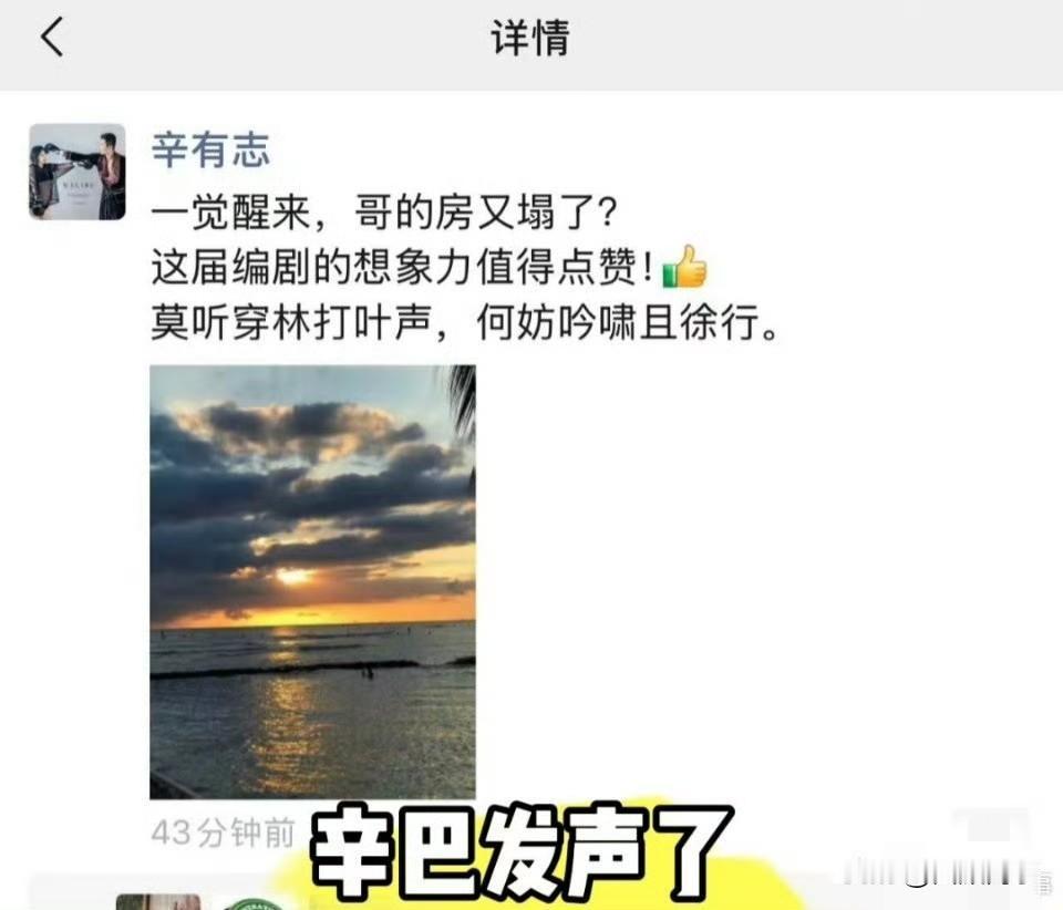 疑似辛巴发朋友圈，回应被抓谣言！原文：一觉醒来哥的房又塌了？这届