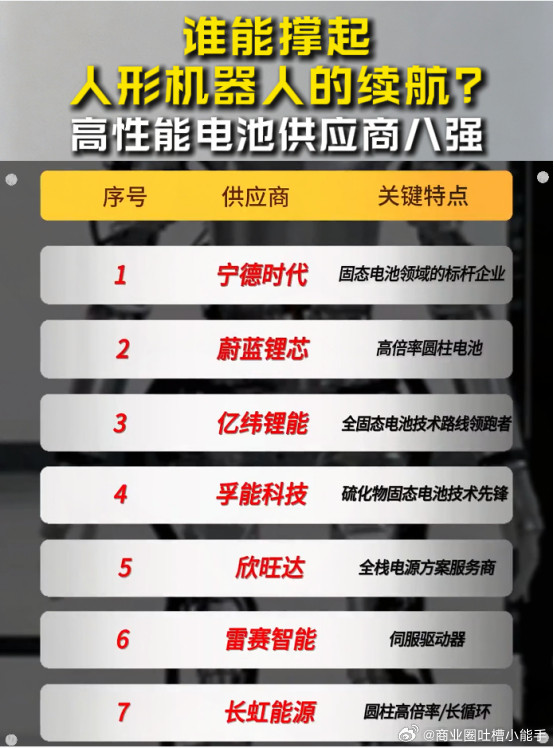 谁撑起机器人的续航?高性能电池供应商八强人形机器人想要落地商用，续航与动力电池是核心瓶颈。在一众电池