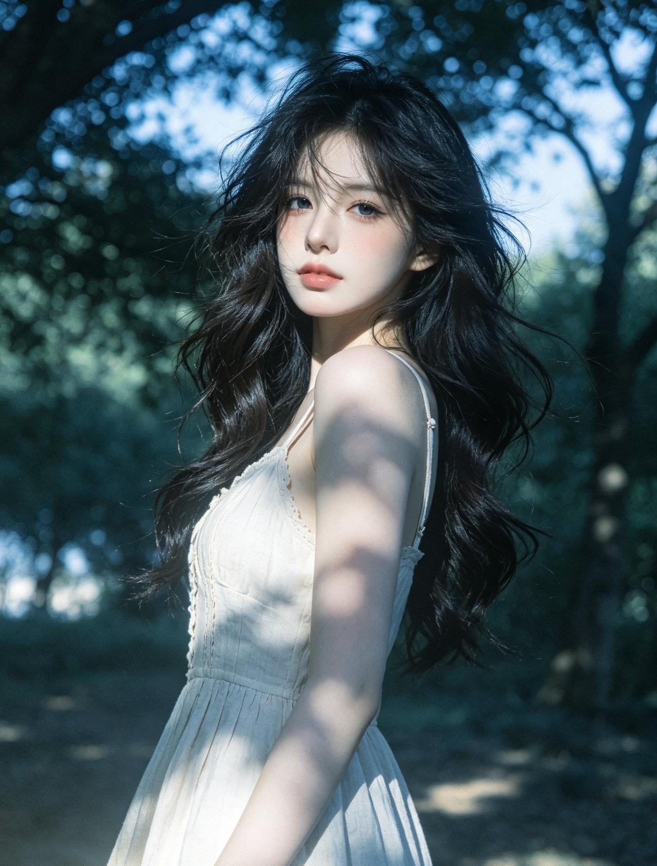 梦幻森林中的少女，黑发飘逸，裙摆轻扬，宛如童话里的仙子。分享街拍佳人时尚穿搭之