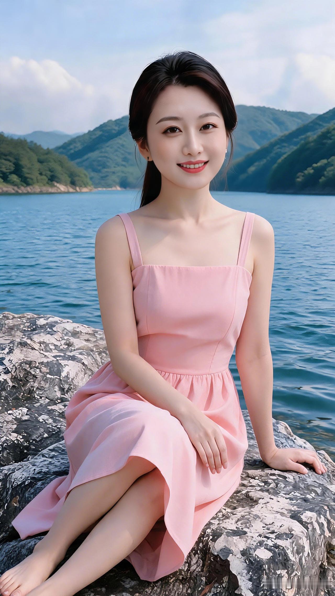 山湖清风拂面，一袭温柔粉色吊带裙静坐水边山石之间。与青山碧水相伴，享受悠然自在的
