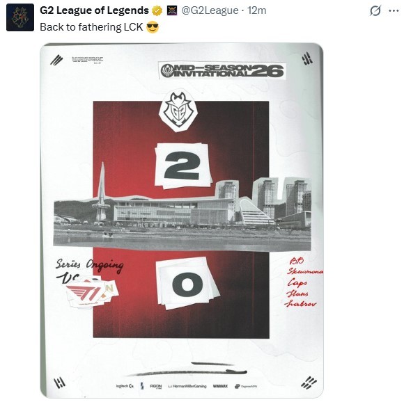 T1拿出招牌梅尔+派克也无济于事，G2连赢两局率先拿到赛点！赛后G2官推直接发文