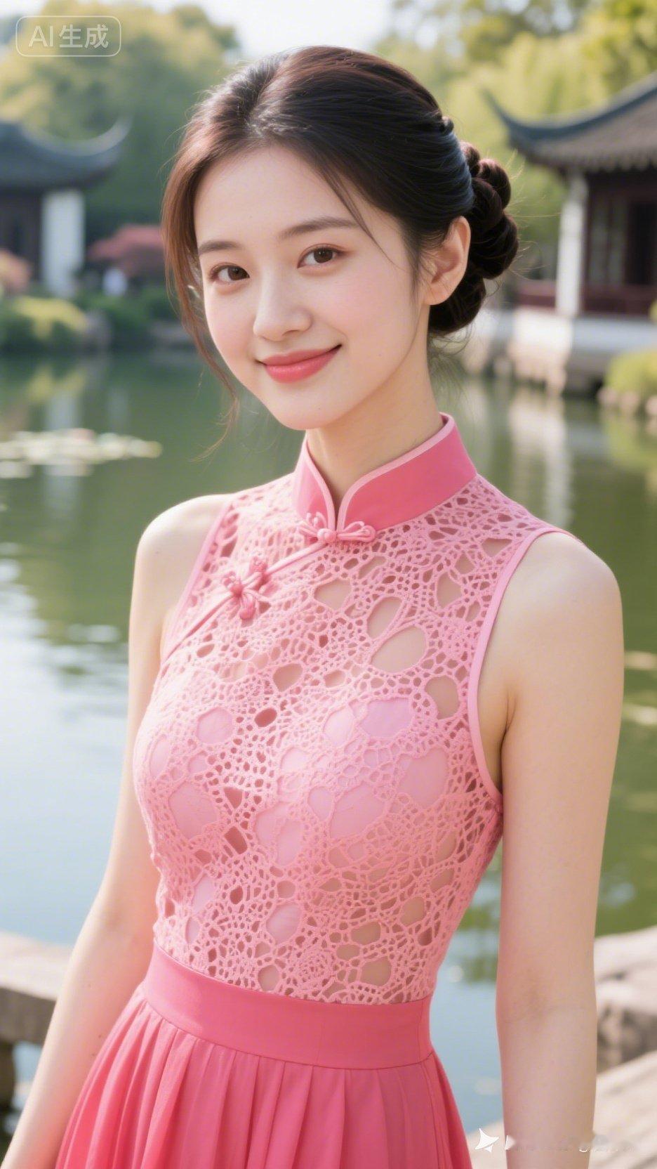 在古典园林中，少女身着粉色旗袍，笑靥如花，宛如一幅动人的画卷。