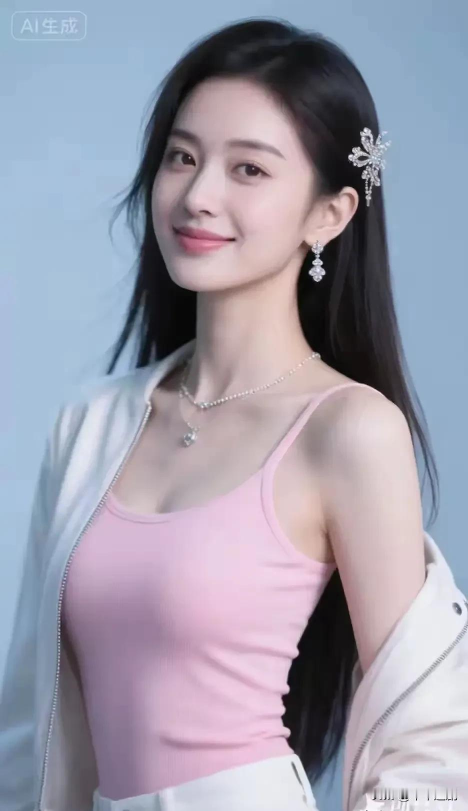 什么样的穿搭可以成为气质女神?粉吊带裹着软甜，钻饰发夹缀着清光，浅蓝底色里的松