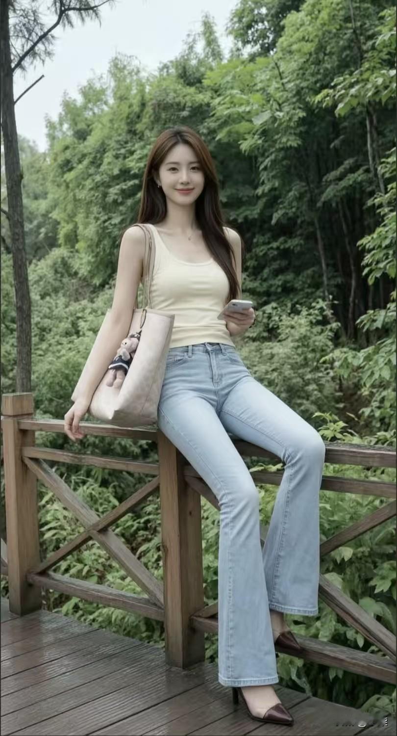 浅蓝微喇叭牛仔裤万能搭配公式。纯色修身吊带打底，清爽不臃肿。高腰设计拉高腰线