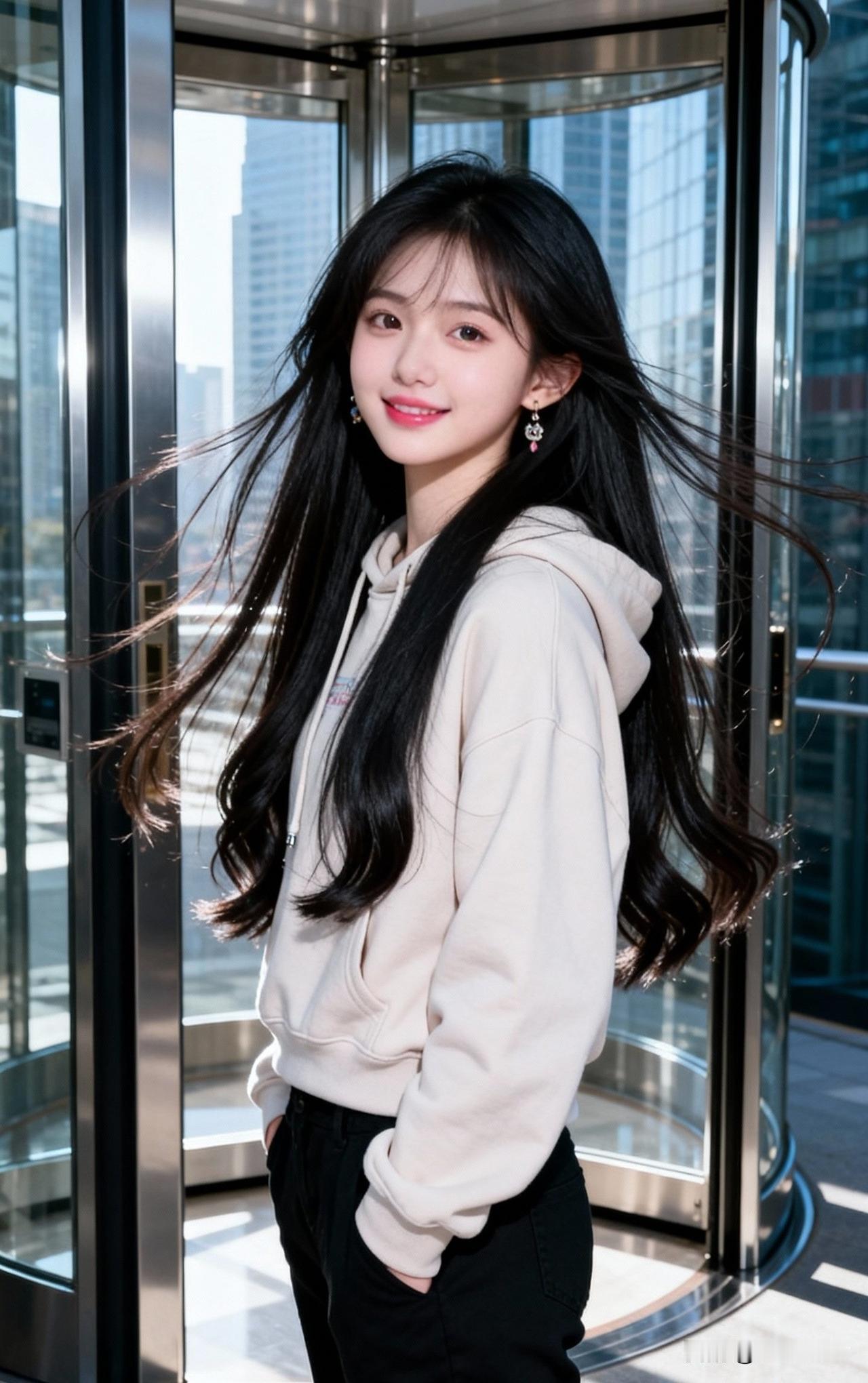 风拂长发，笑靥如花。