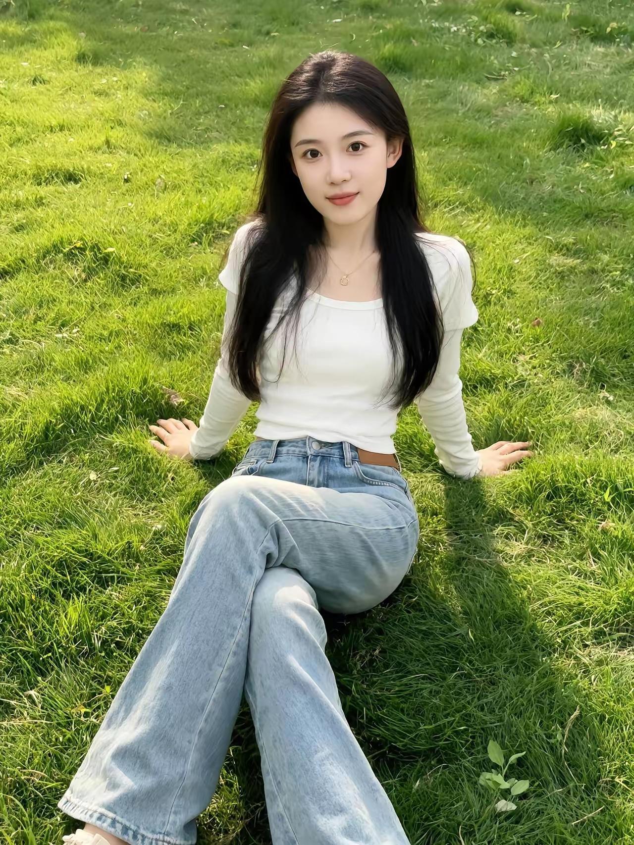 阳光下的清新少女，草地上悠然自得。
