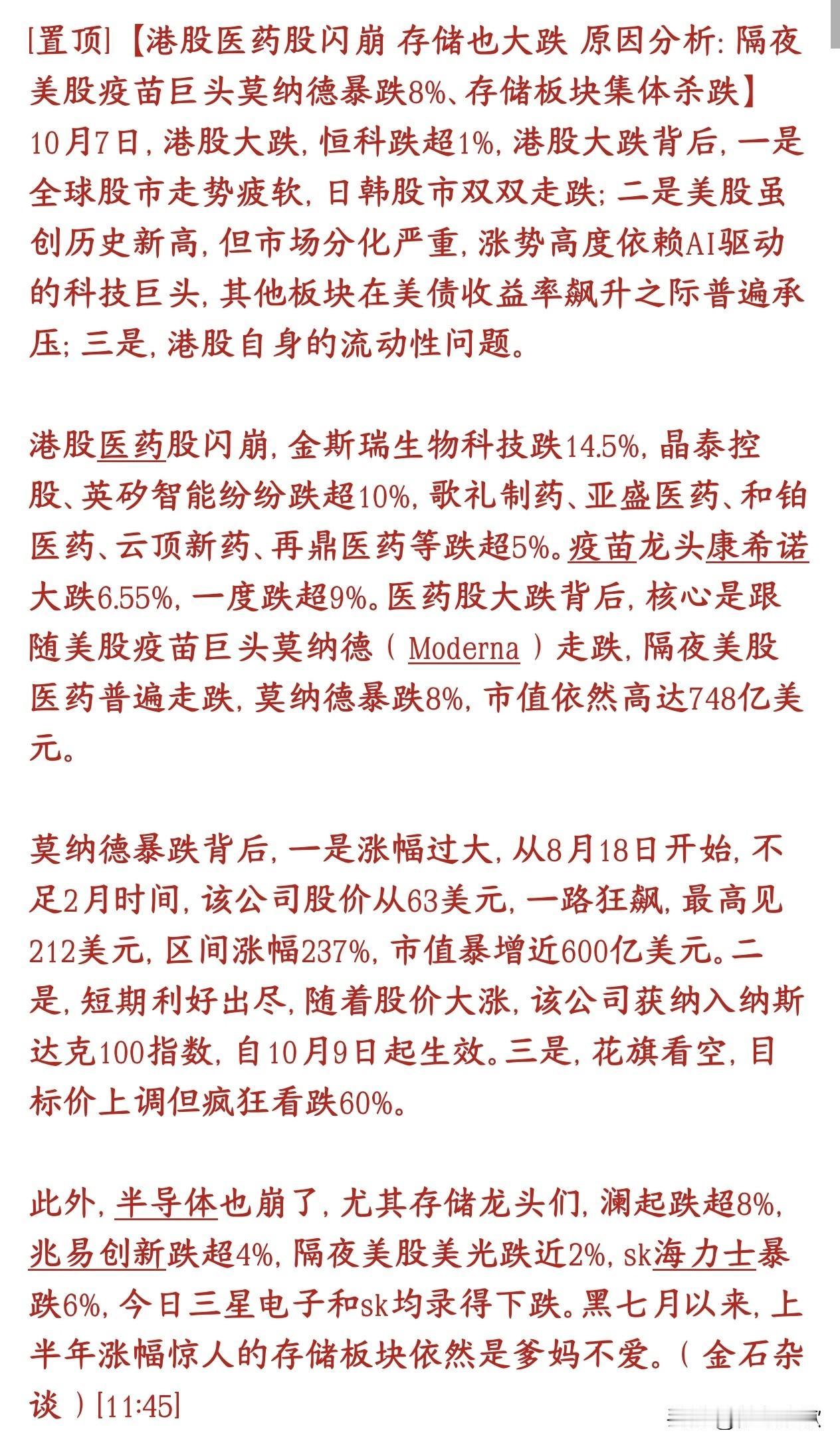 半导体崩完，医药板块也崩，明天A股压力很大港股昨天半导体板块开始下跌，今天医药