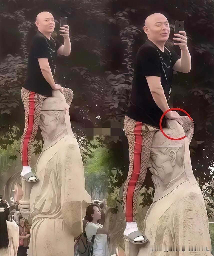 都一大把年纪了，这光头大哥是真不怕把老脸丢尽啊！去个景区旅游，非得像个猴子