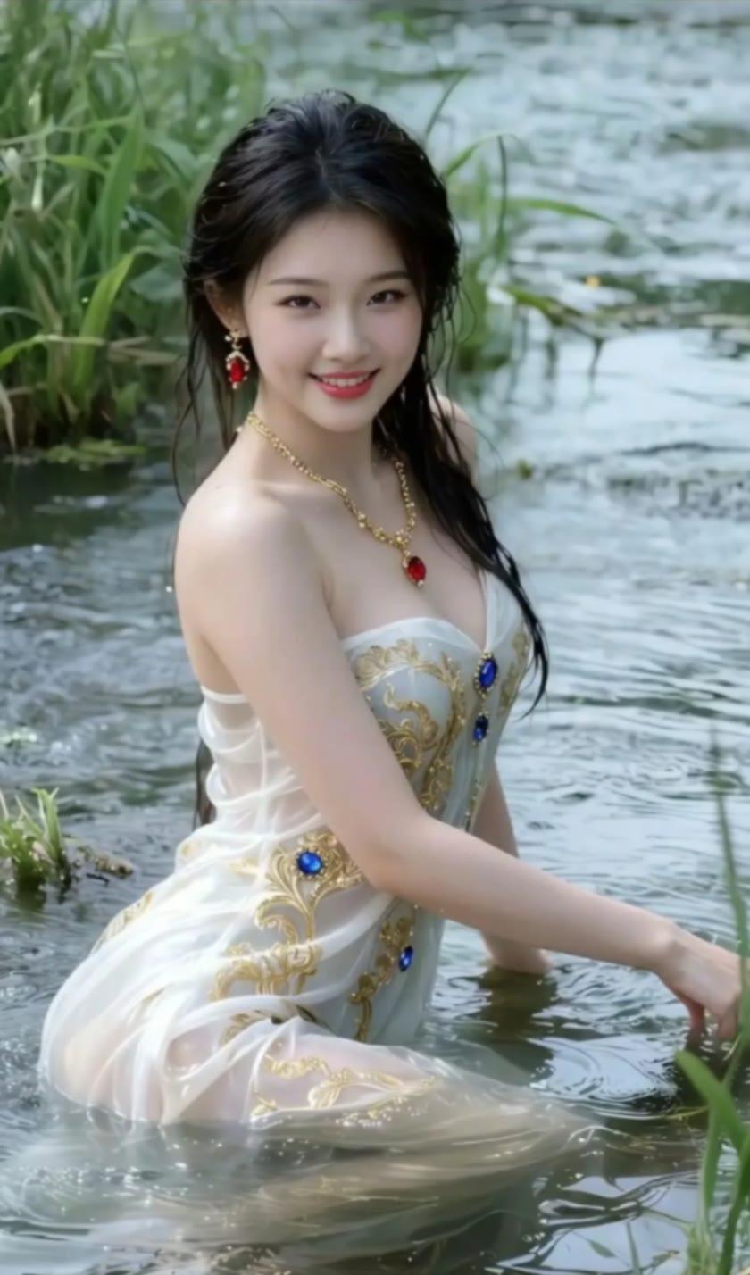 水中仙子，红唇轻启，笑靥如花