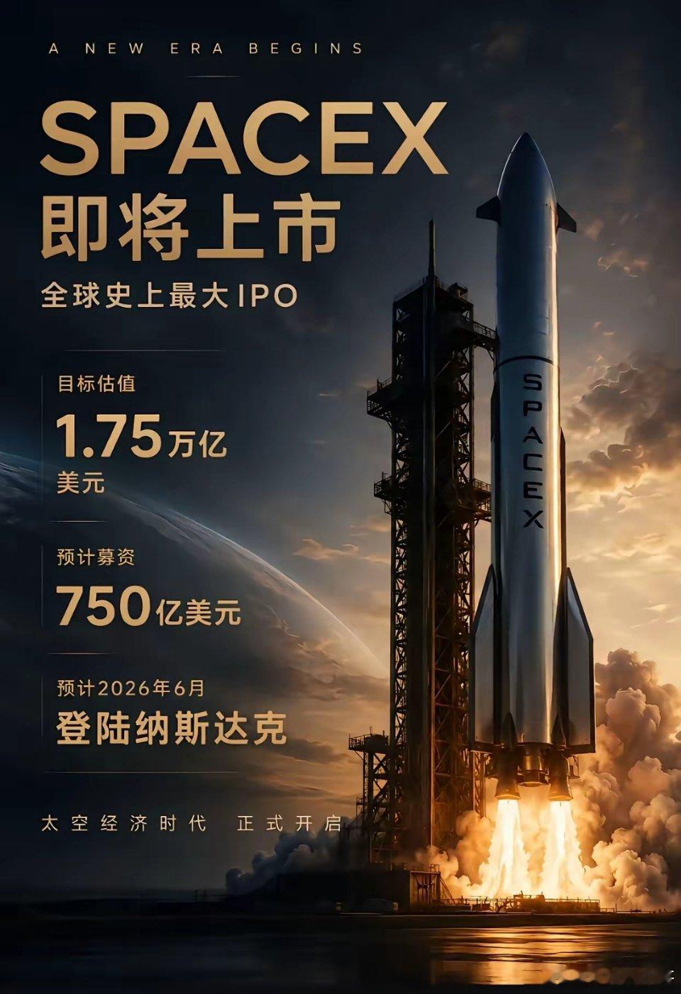 2026年6月2日，人类历史上最大的IPO公司将上市，目标估值1.75万亿美元（