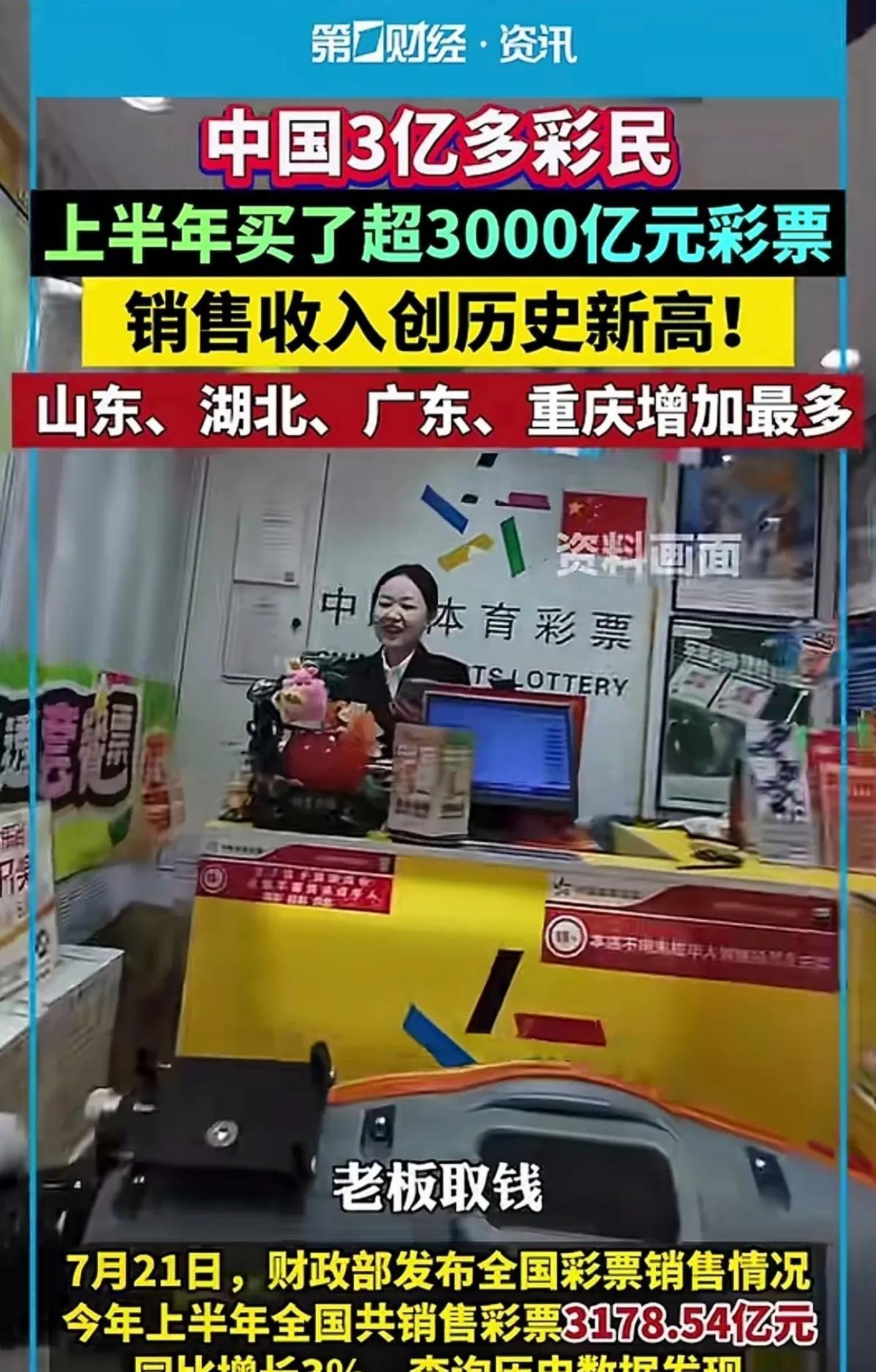 上半年3亿彩民贡献了超3000亿彩票，平均一个彩民贡献了1000元。3亿彩民一