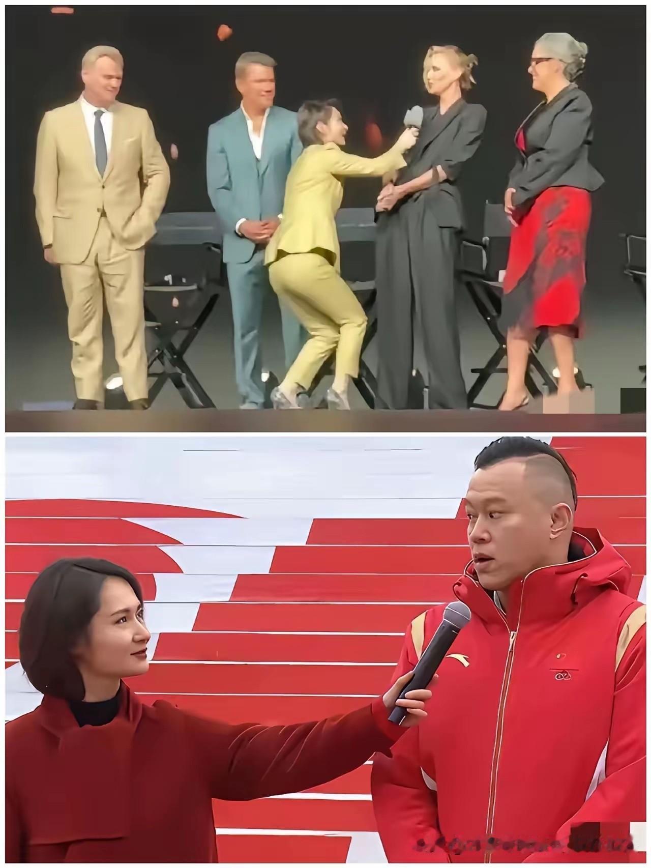 同一个陈璇，采访本国人身姿挺拔，眼神凌厉一到老外面前，弯腰撅腚递话筒。你们有没