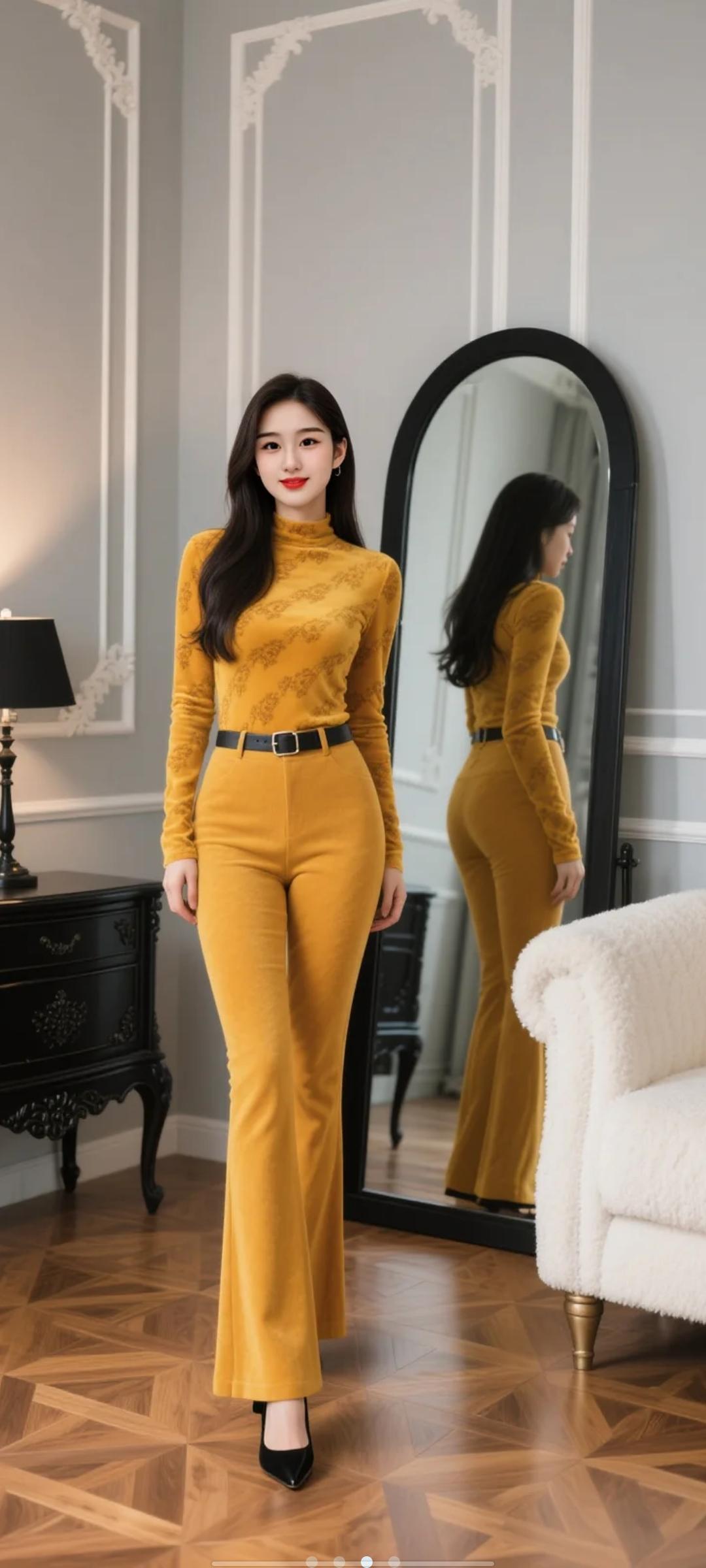 优雅复古风，黄色套装搭配黑色腰带，尽显时尚魅力！