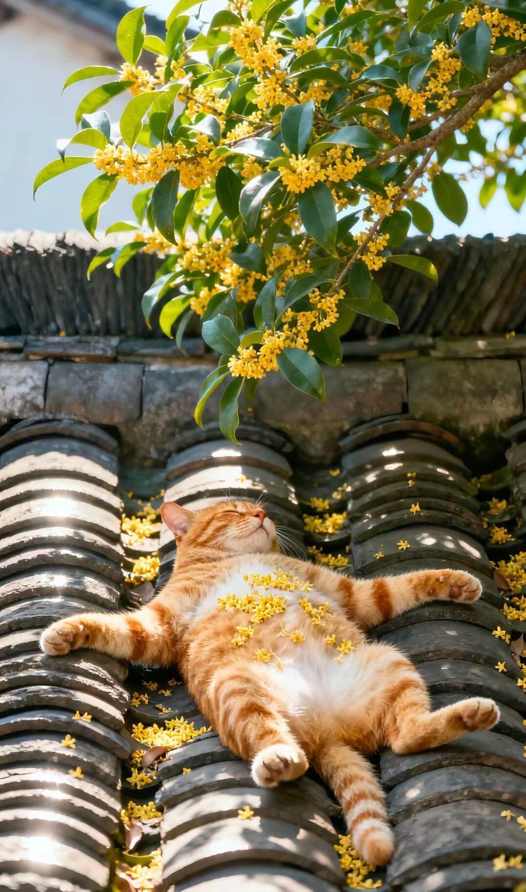 早晨在桂花树下睡大觉的橘猫​​​