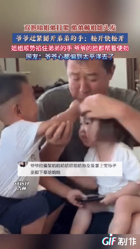 吉林一龙凤胎姐弟正在打架，弟弟使劲的拽着姐姐的头发不放，在一旁的爷爷看到后赶紧掰