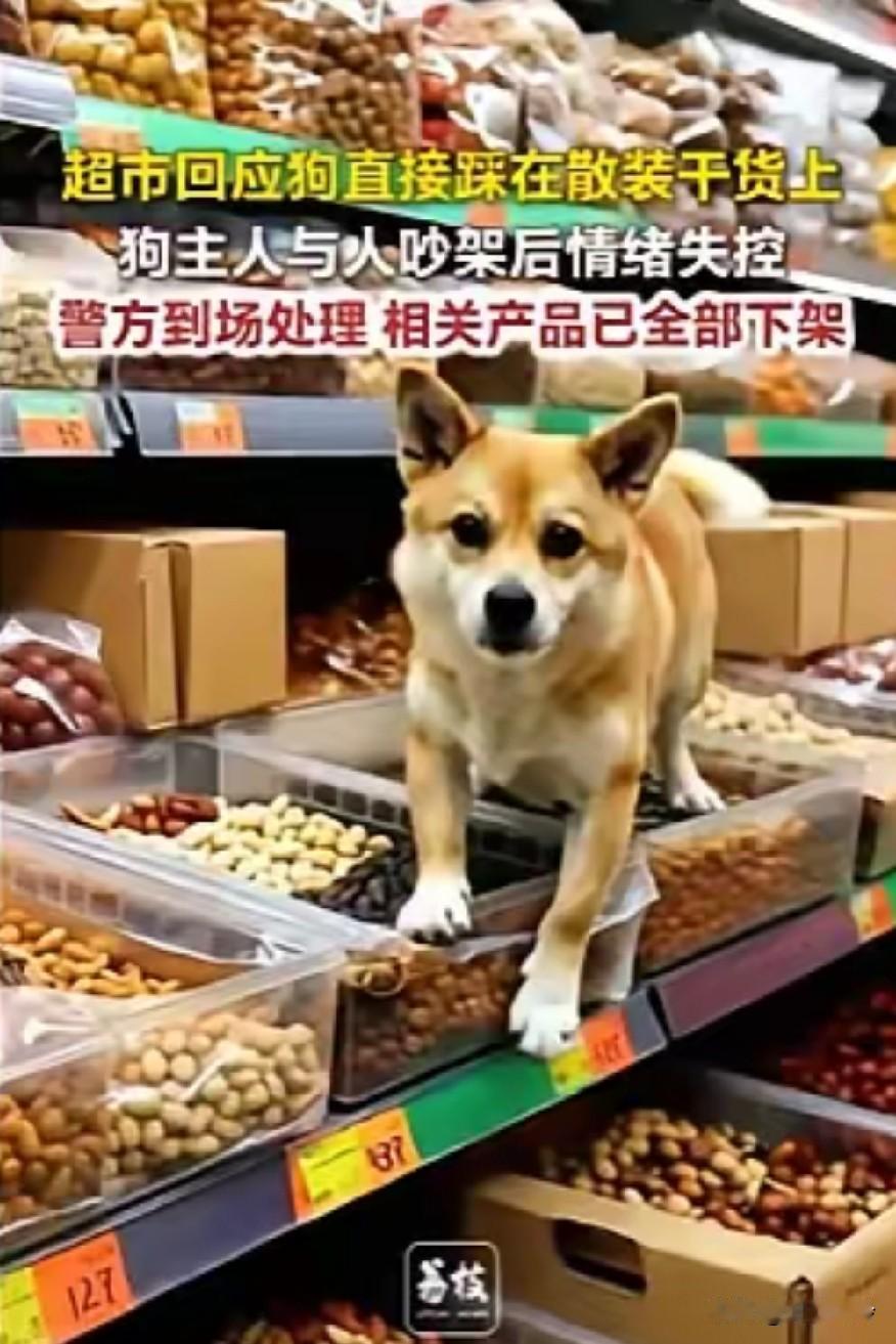 女子把狗放干货上，女子和男朋友一起来的，情绪失控，还打了店员，超市回应不让狗进，