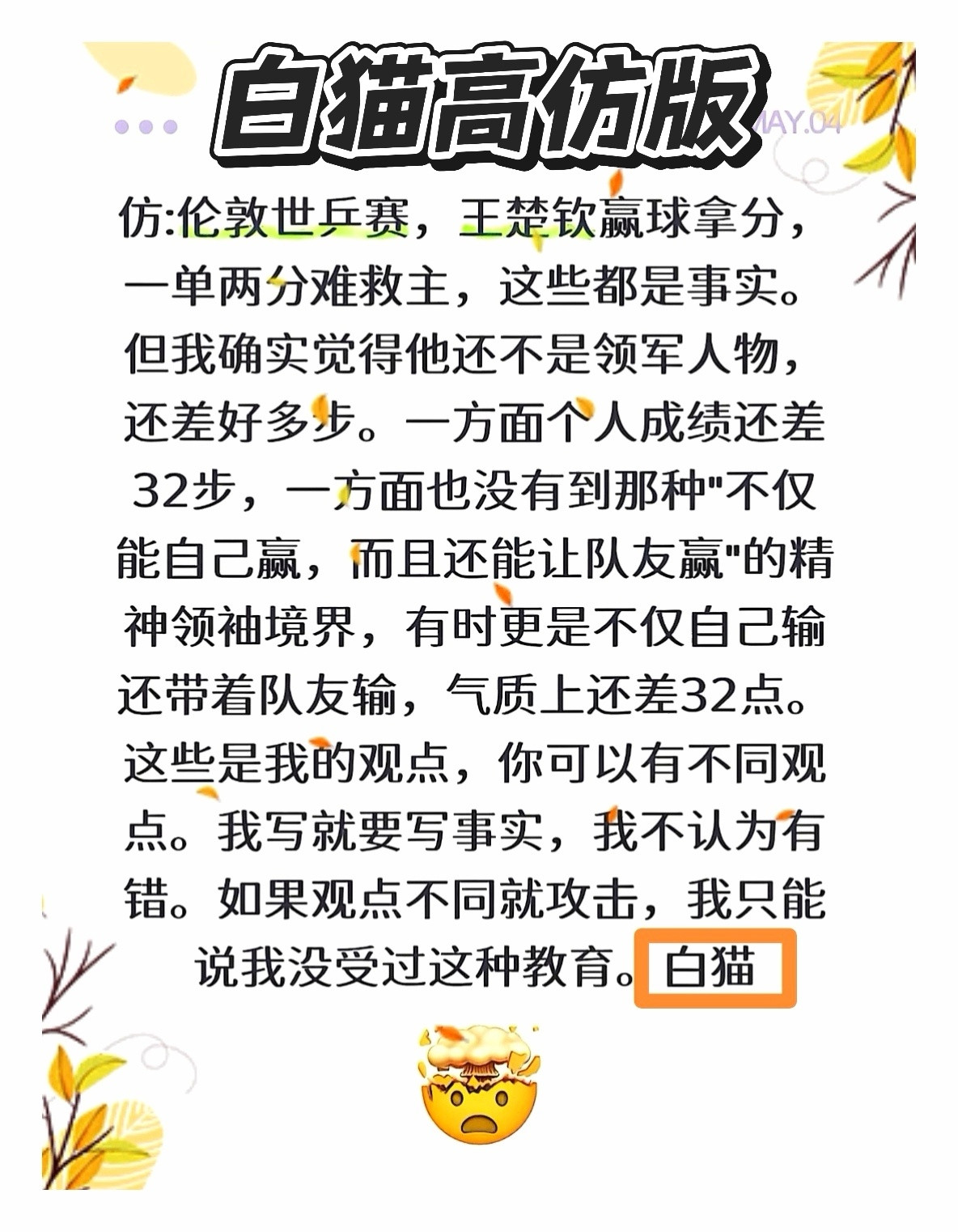 白猫高仿黑猫版有一种想念叫樊振东了不起的樊振东人人都爱樊振东