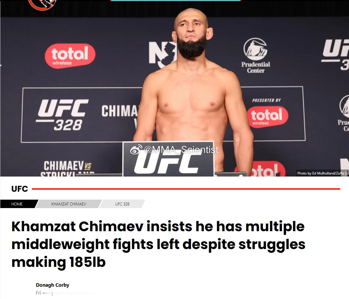 “车臣狼王”坎扎特·奇马耶夫（KhamzatChimaev）表示，在击败185