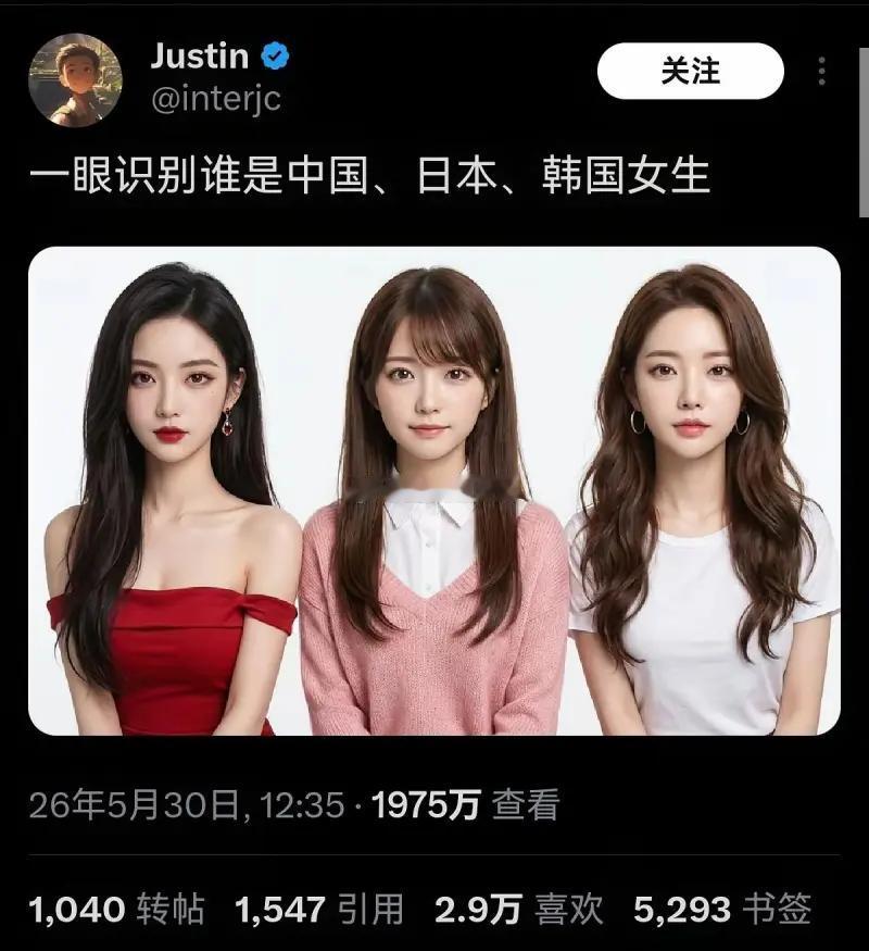 这是外网博主Justin发布的一条热门社交动态，配文为“一眼识别谁是中国、日本、