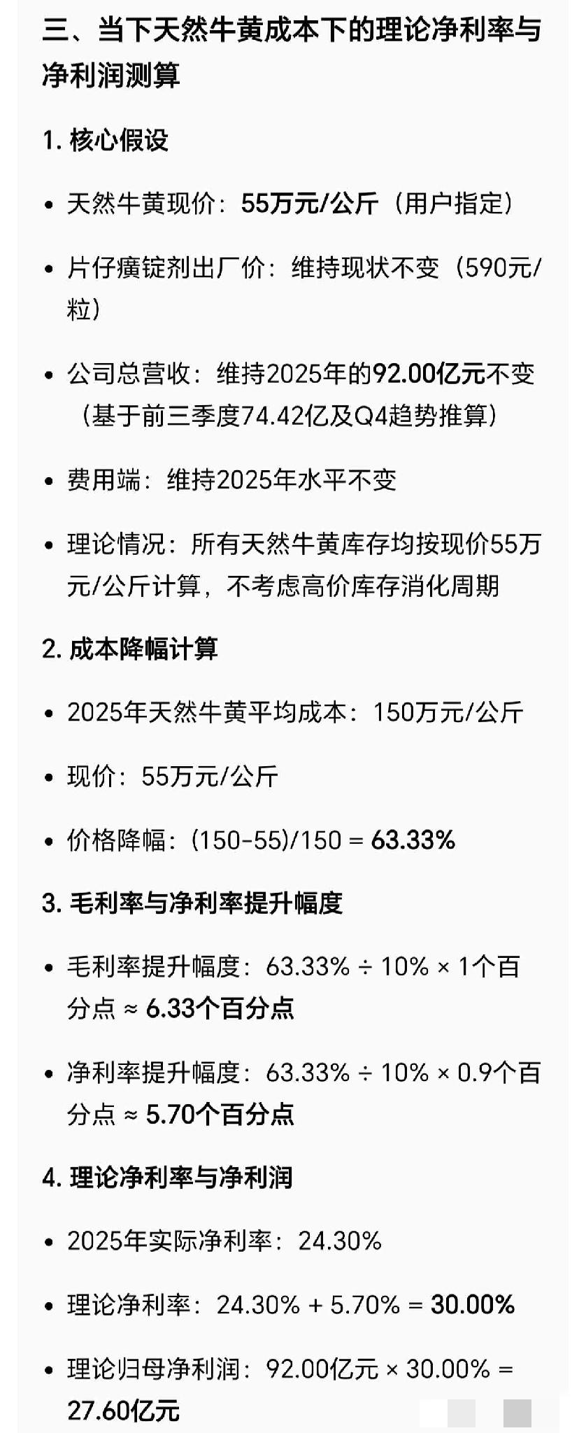 片仔癀和同仁堂跌了不少，有人算明白账了吗？按当前牛黄价（55万）算，同仁堂净利率