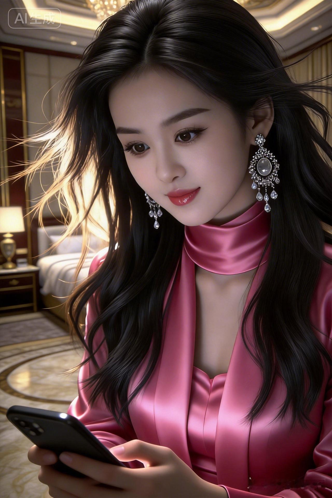 优雅黑发美人，粉色丝质连衣裙，奢华珠宝闪耀，手机轻触指尖。