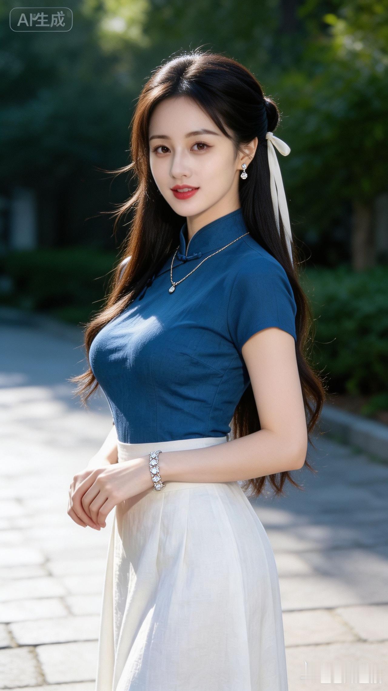 优雅蓝裙搭配白裙，清新自然，气质满满！🌿💃