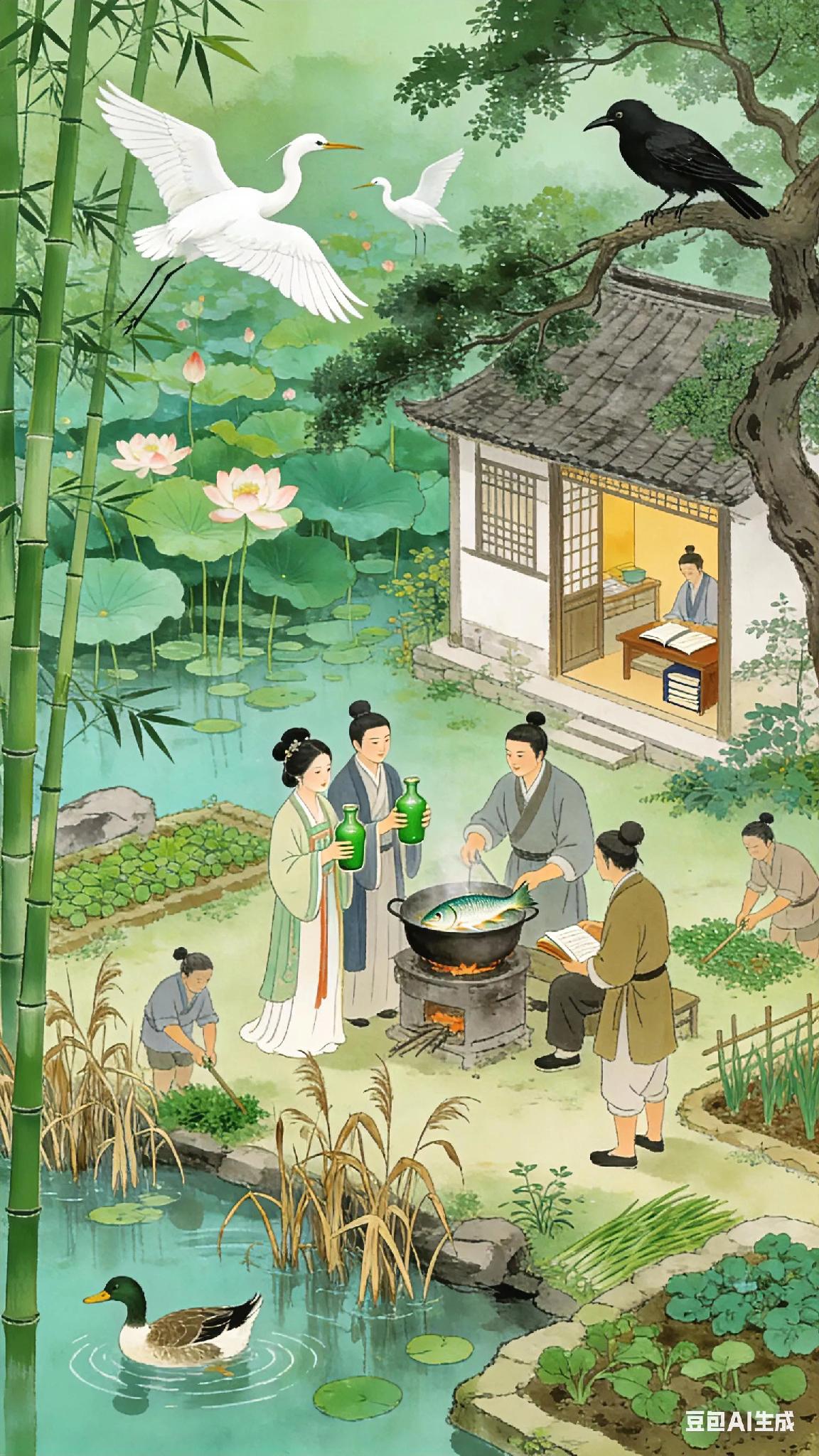 《双调》折桂令隐居、刘庭信。护吾庐绿树扶疏。竹坞独居，举目须臾。鹭宿芙蕖