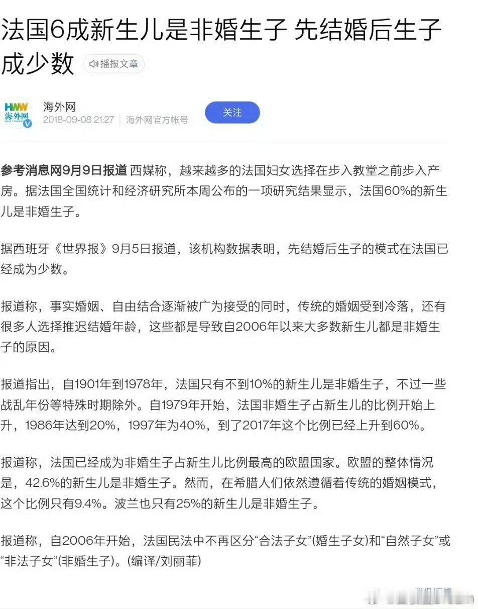 法国六成新生儿属于非婚生简单来说，就是法国婚姻制度歧视男性。很多法国男性就不想结