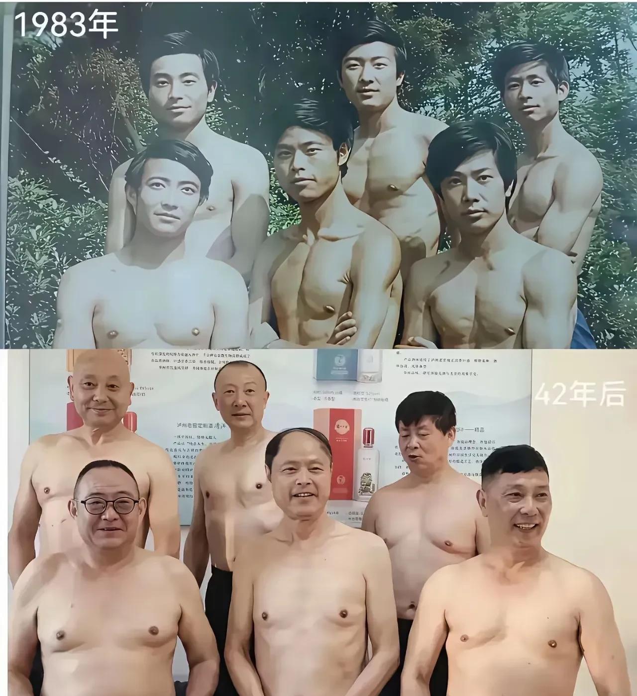 这是6位同班同学，相隔42年的两张合影照。1983年时，6位同学都是精壮的大小