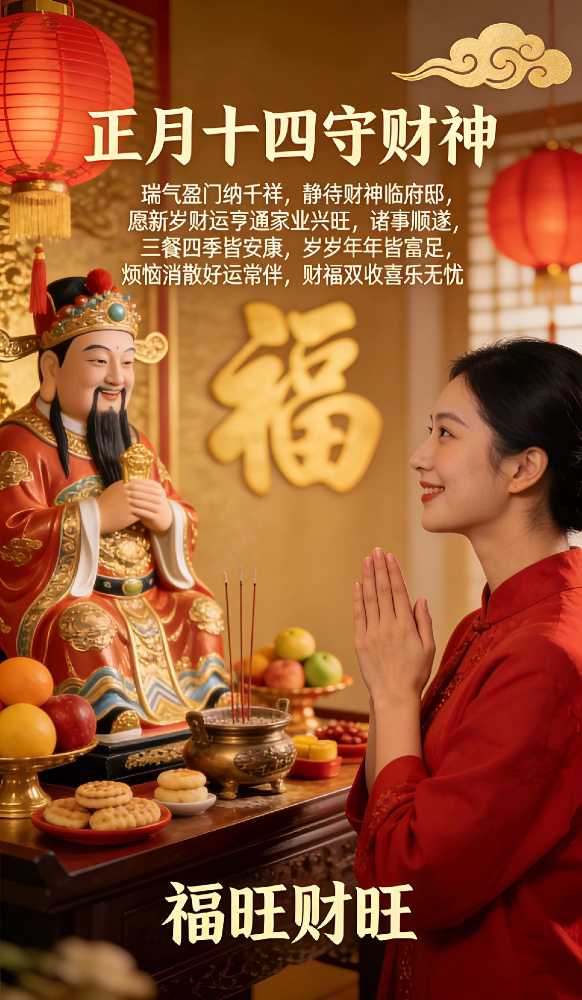 正月十四守财神，瑞气盈门纳千祥。静待财神临府邸，愿新岁财运亨通家业兴旺，诸事顺遂
