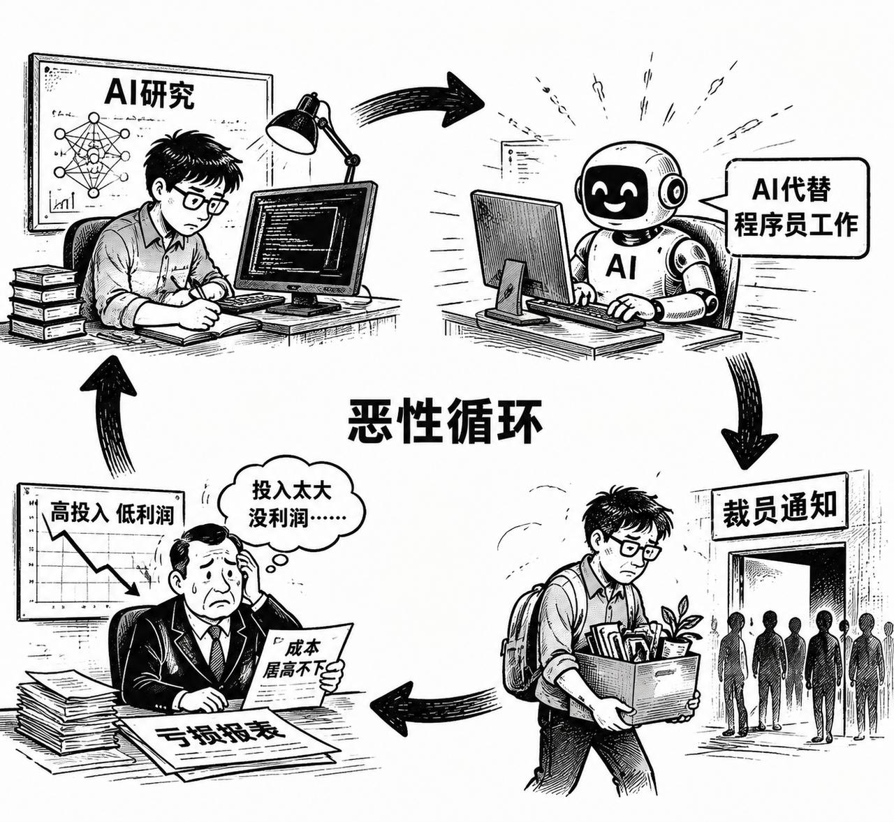 恶性循环，程序员研究AI，AI代替程序员工作，裁员；AI公司投入太大，没利润