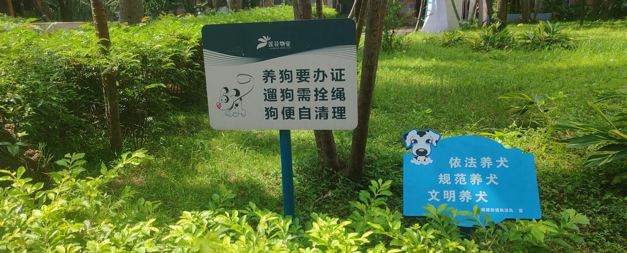第一次看到小区的宣传牌：养狗要办证遛狗须拴绳狗便自清理几个狗爸狗妈狗爷狗
