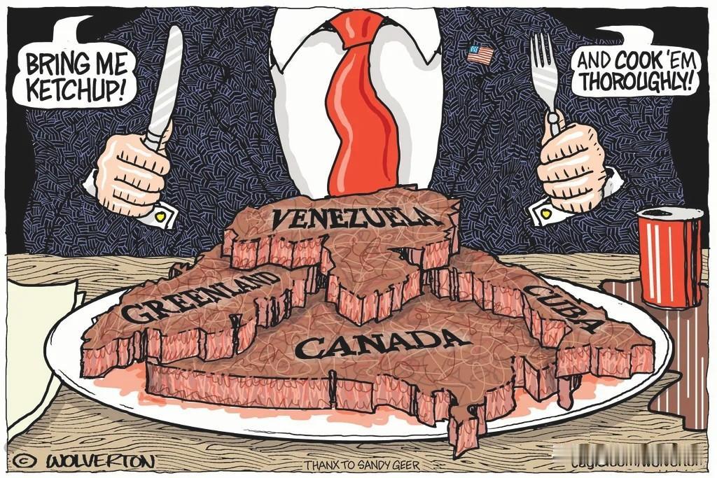 漫画《盘中餐》，说的就是煮熟的鸭子跑不了。佩戴美国徽章的食客以刀叉象征霸权，要求