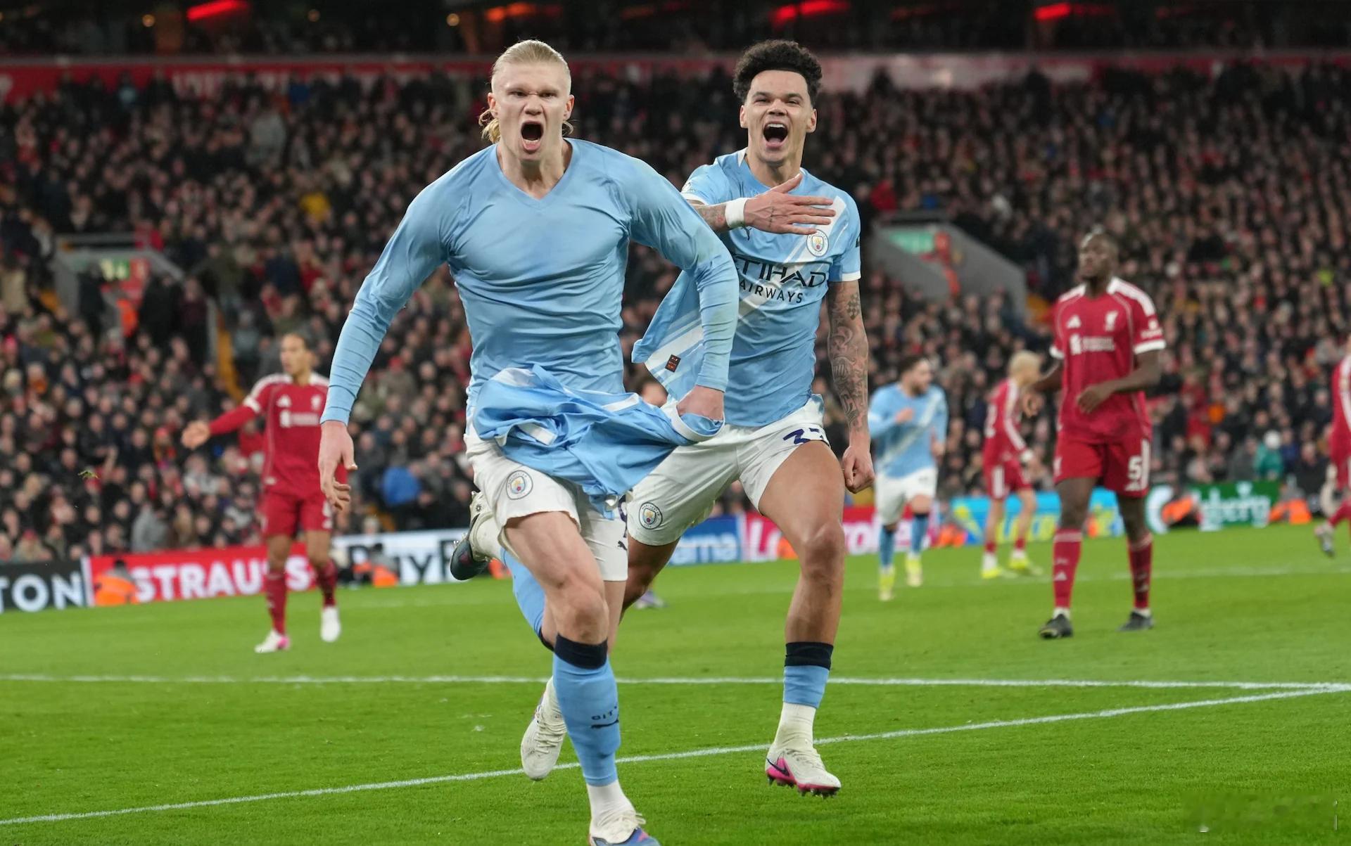 利物浦1比2曼城这是哈兰德第一次在安菲尔德进行的英超联赛进球，虽然只是一个点球