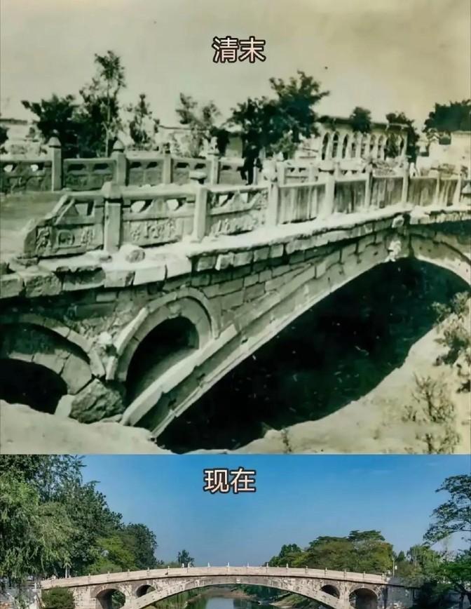 晚清时期赵州桥与现在的对比照片。从中可以看出，晚清时桥体损毁颇为严重。而如今，经