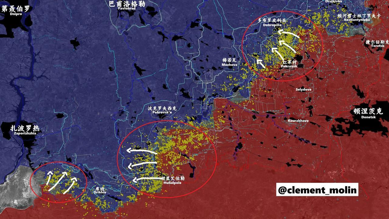 西方信源ClémentMolin统计的过去一周内，俄乌双方12000发炮弹落点