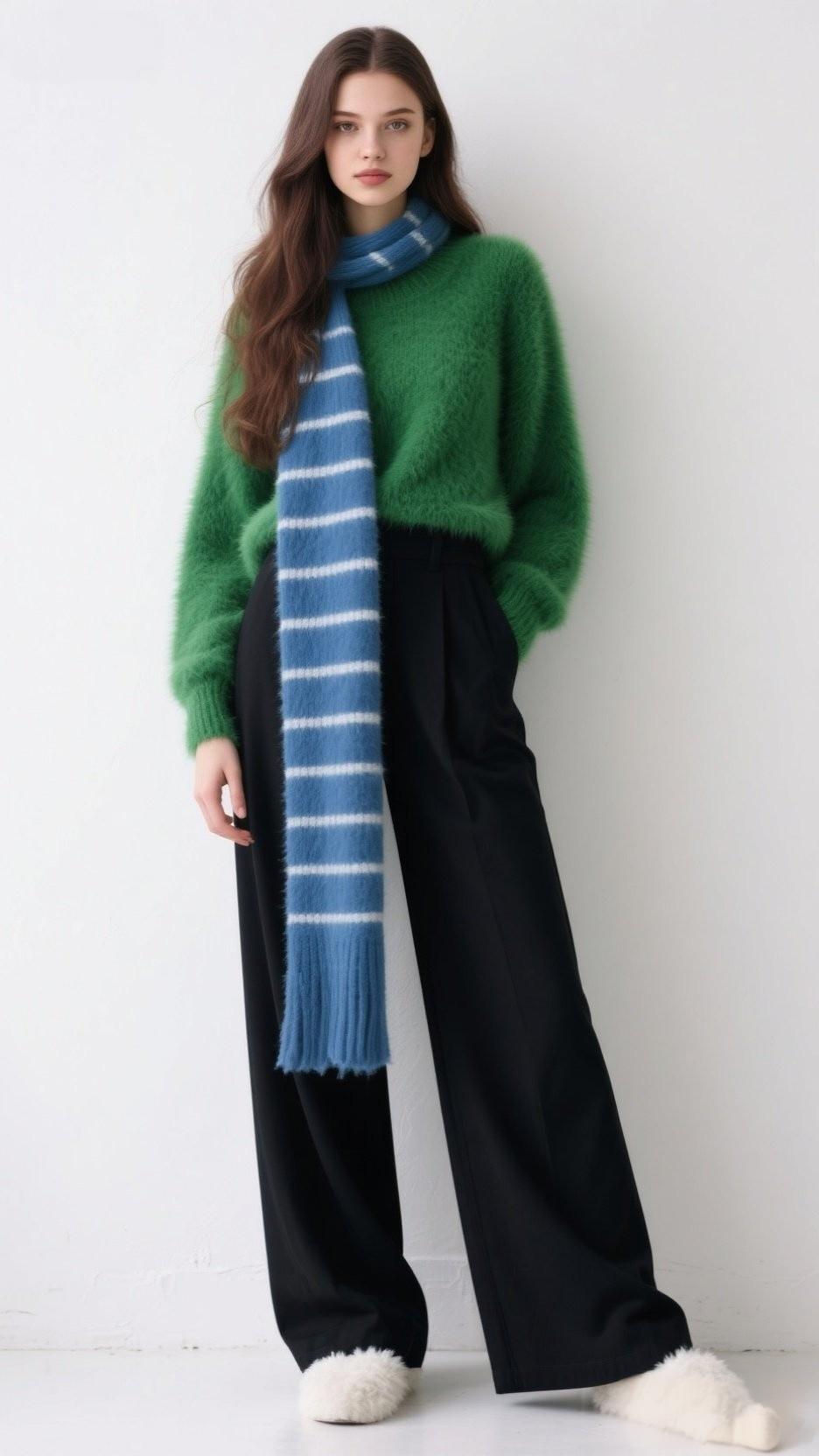 冬日穿搭指南：绿色毛衣+蓝白条纹围巾，温暖又时尚！