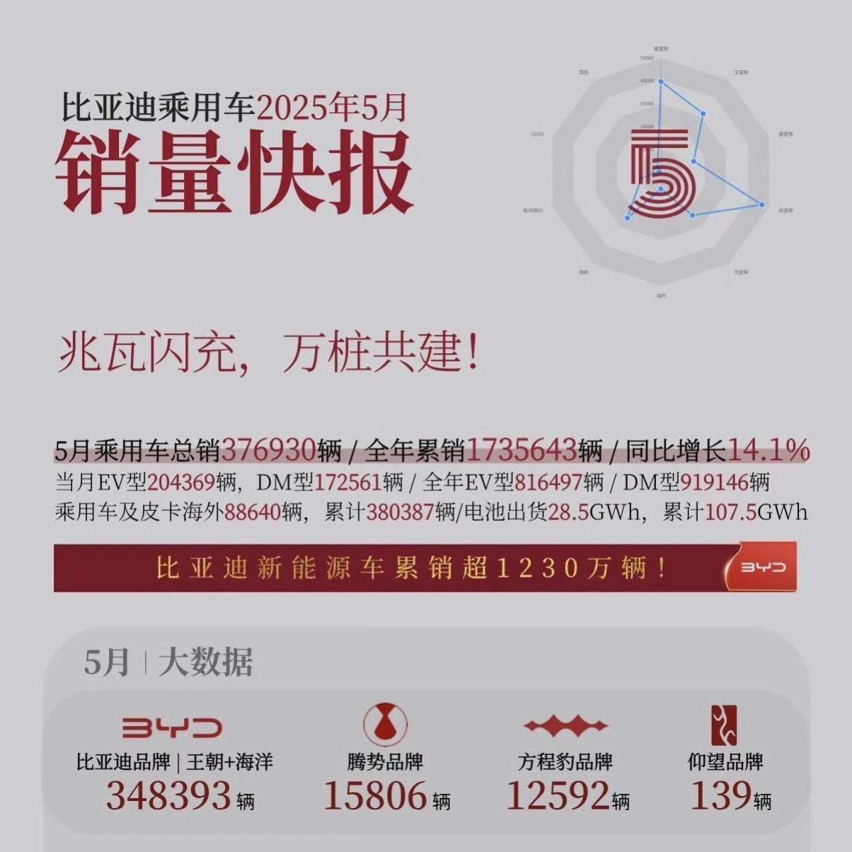 比亚迪5月份的海外出口真是亮眼啊！！！而且方程豹靠着钛3也支棱起来了...