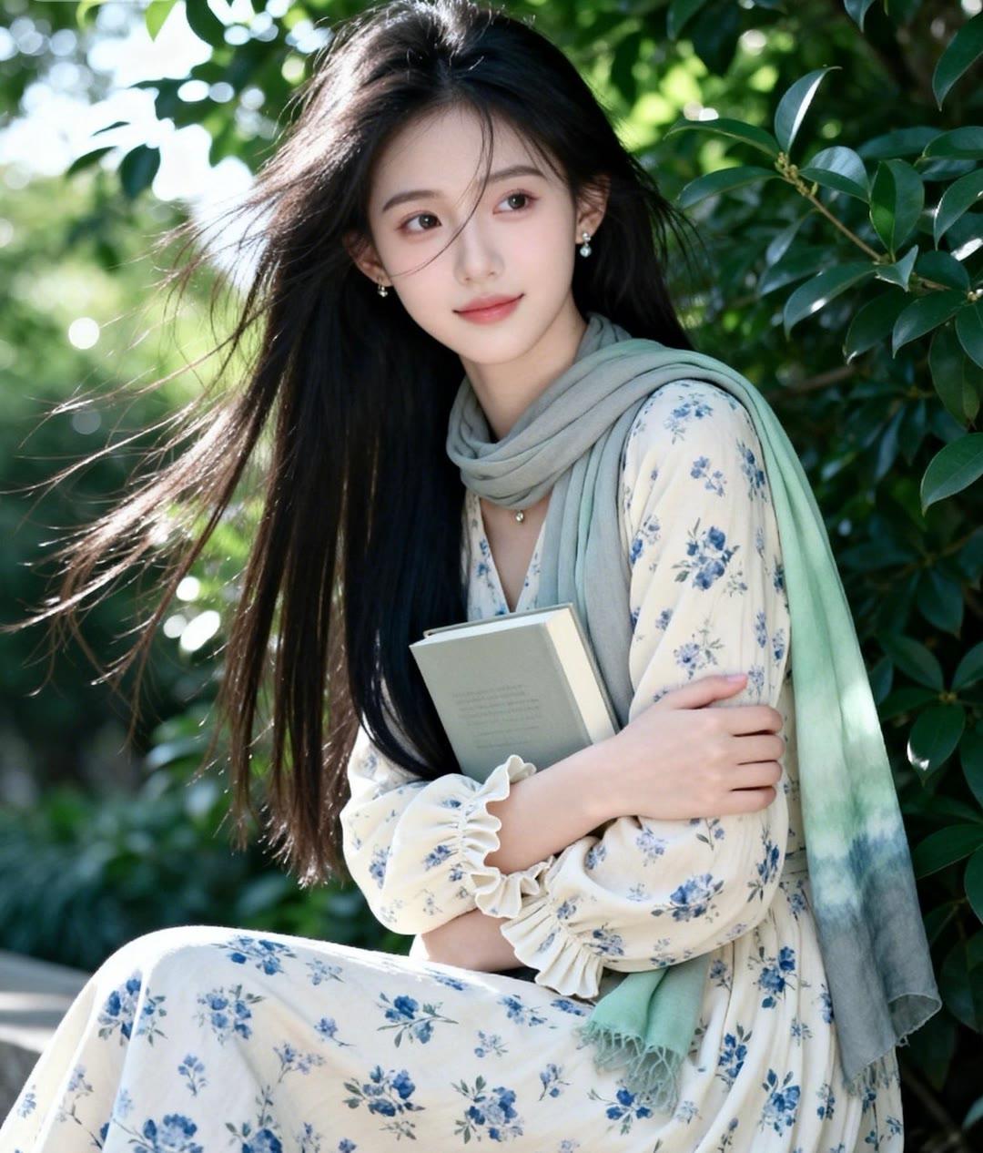 阳光下的少女，轻纱飘逸，书香满怀，静享美好时光。