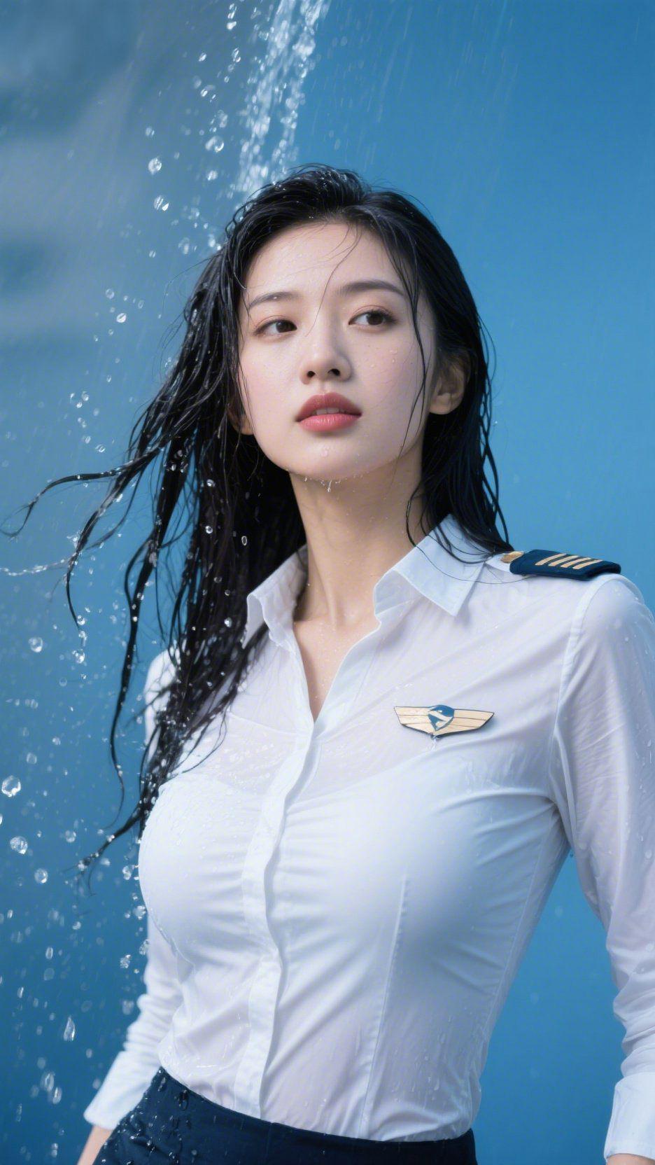 风遇蓝而起水雾轻扬，漫过肩头的白衫，清透的蓝铺满视野，似将整片晴空揉进这方