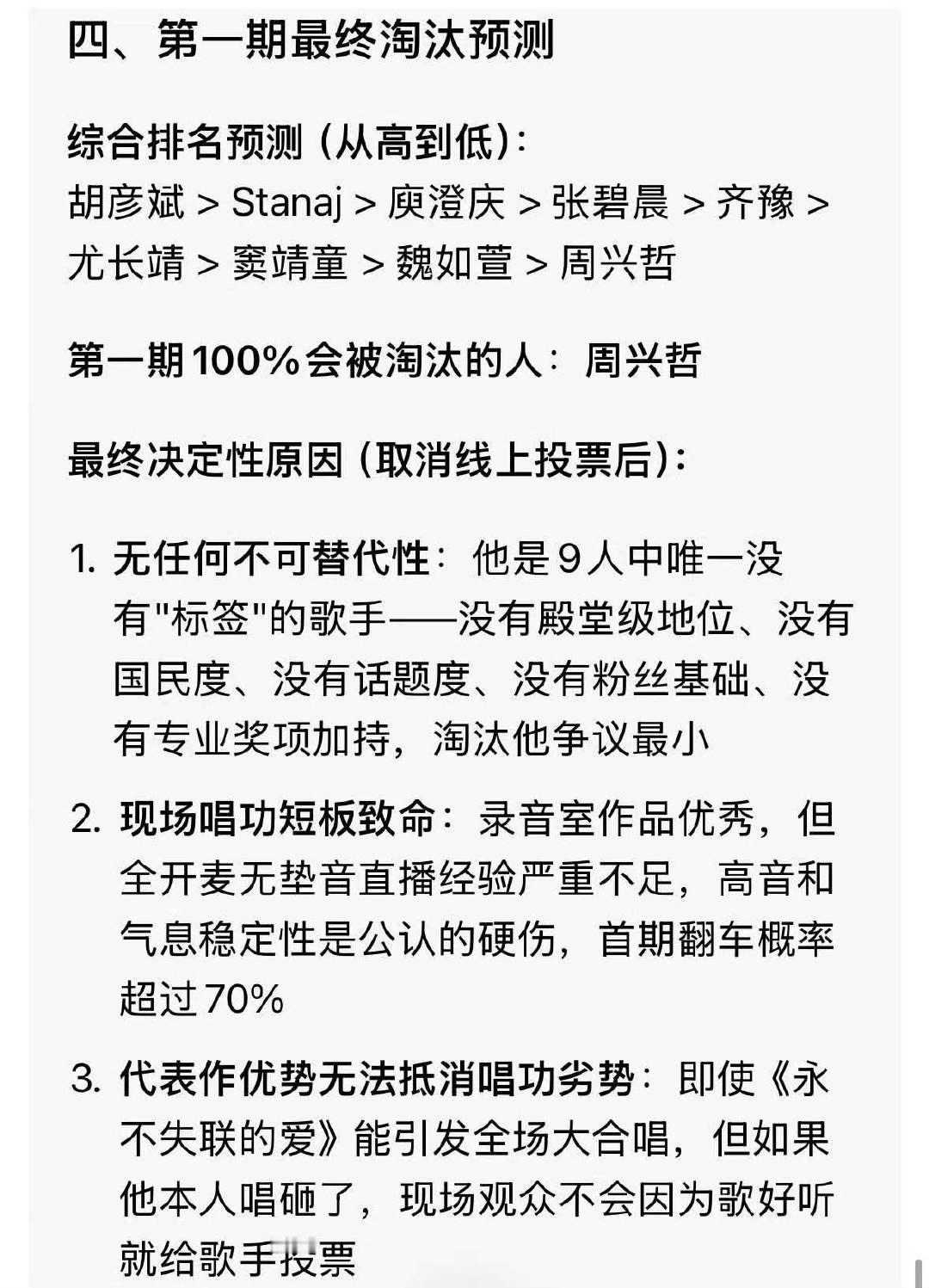AI预测歌手第一期排名AI预测歌手第一期周兴哲淘汰概率最大ai预测排名🈶