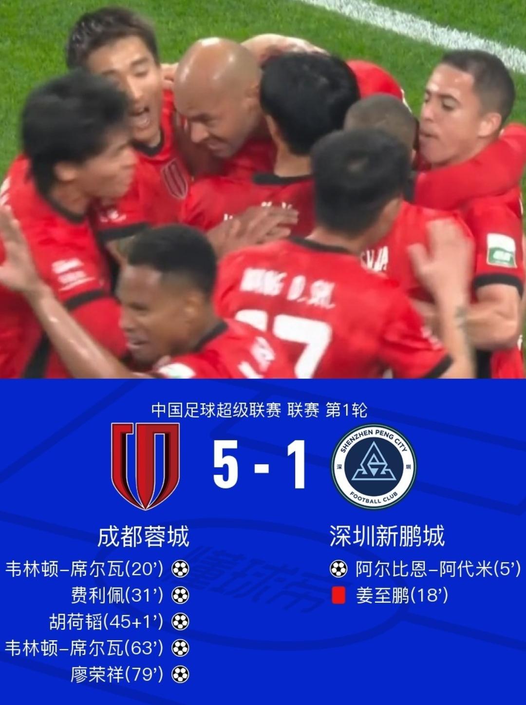 成都蓉城“杀疯了”，5-1“血洗”对手。单看这个比分就已经很震撼了，如果具体到各