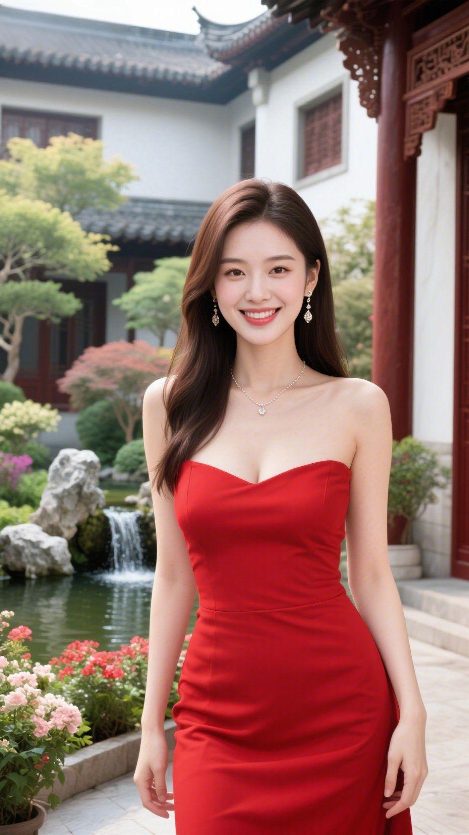 《红裙栖于庭园间》亭台水榭的软风里，她立在园径旁，红裙如绽在春里的花，轻融